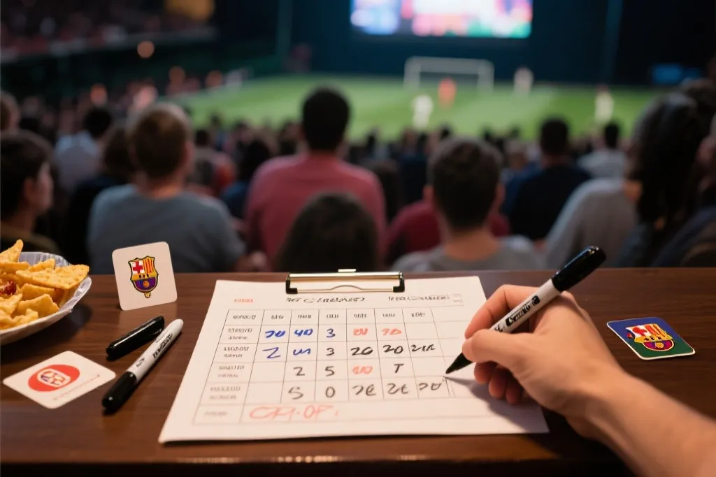 观赛活动桌面上摆着手写比分预测表、记号笔与小零食，氛围热闹
